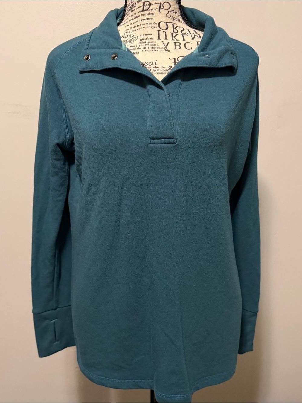 Free Fly Women’s L Bamboo Thermal Fleece 1/4 Snap Pullover Teal Blue Thumbholes